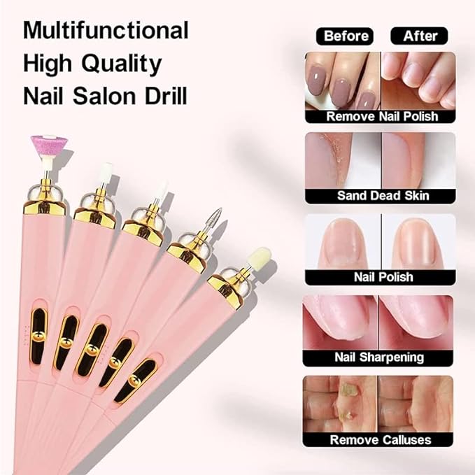 5 in 1 Electric Manicure Drill With Light Portable USB Professionals Pedicure Polishing Nail Grinder Nail Drill Sander Machine Nail Files Polishing Machine Manicure Nail Tools Kit