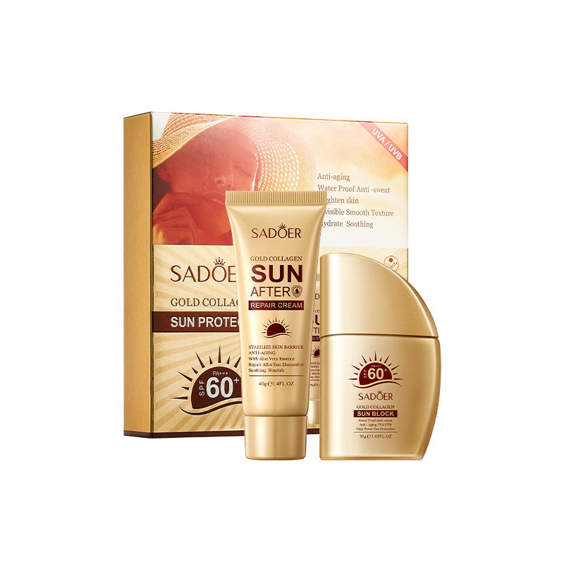 SADOER 2 In 1 Skin Care Set Gold Collagen Sunscreen + Sun After Repair Cream Skin Whitening Sunscreen Lotion SPF 60 Natural Waterproof Face Body Sunscreen