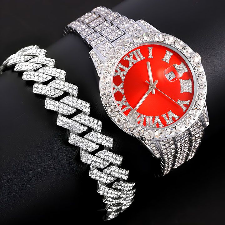 3pcs Men's Watch Set Necklace+Watch+Bracelet Rapper Cuban Chain For Men African Full Iced Out Watch, Jewelry Inlay Diamond Watch Big Chains Hip Hop With Strap Adjuster Stylish Jewelry Gift Set