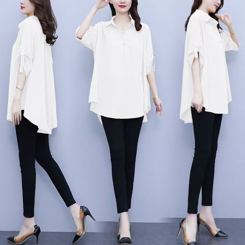 1 PC Medium To Long Shirt Short Sleeve Top Lady Shirt Short Sleeved Chiffon Shirt For Women In Plus Size Loose Fit Waist Cinching Slimming Chiffon Top Lady Wear Trendy