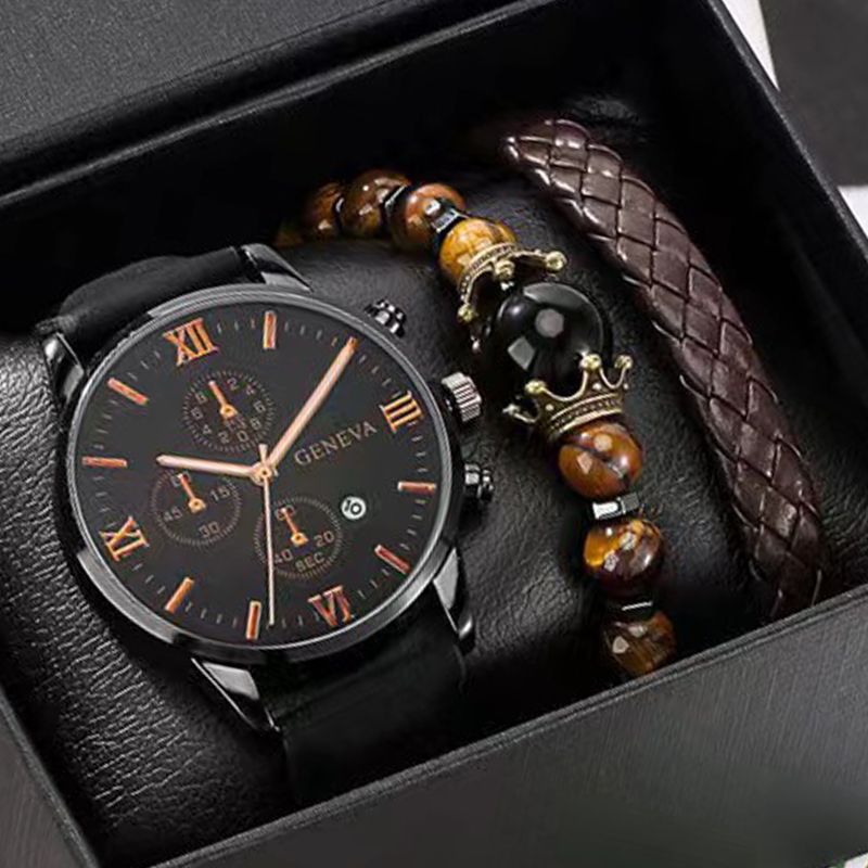 3PCS Fashion Classic Mens Black Watches Set Men Business Quartz Watch Male Calendar Wristwatch Leather Bracelet