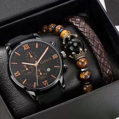 3PCS Fashion Classic Mens Black Watches Set Men Business Quartz Watch Male Calendar Wristwatch Leather Bracelet