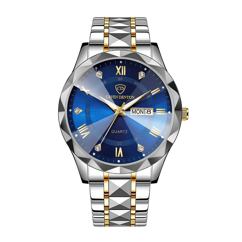 Men Watch Water Diamond Luxury Night Glow Double Calendar Quartz Movement 41mm Blue Gold Stainless Steel Fashion Business Watch