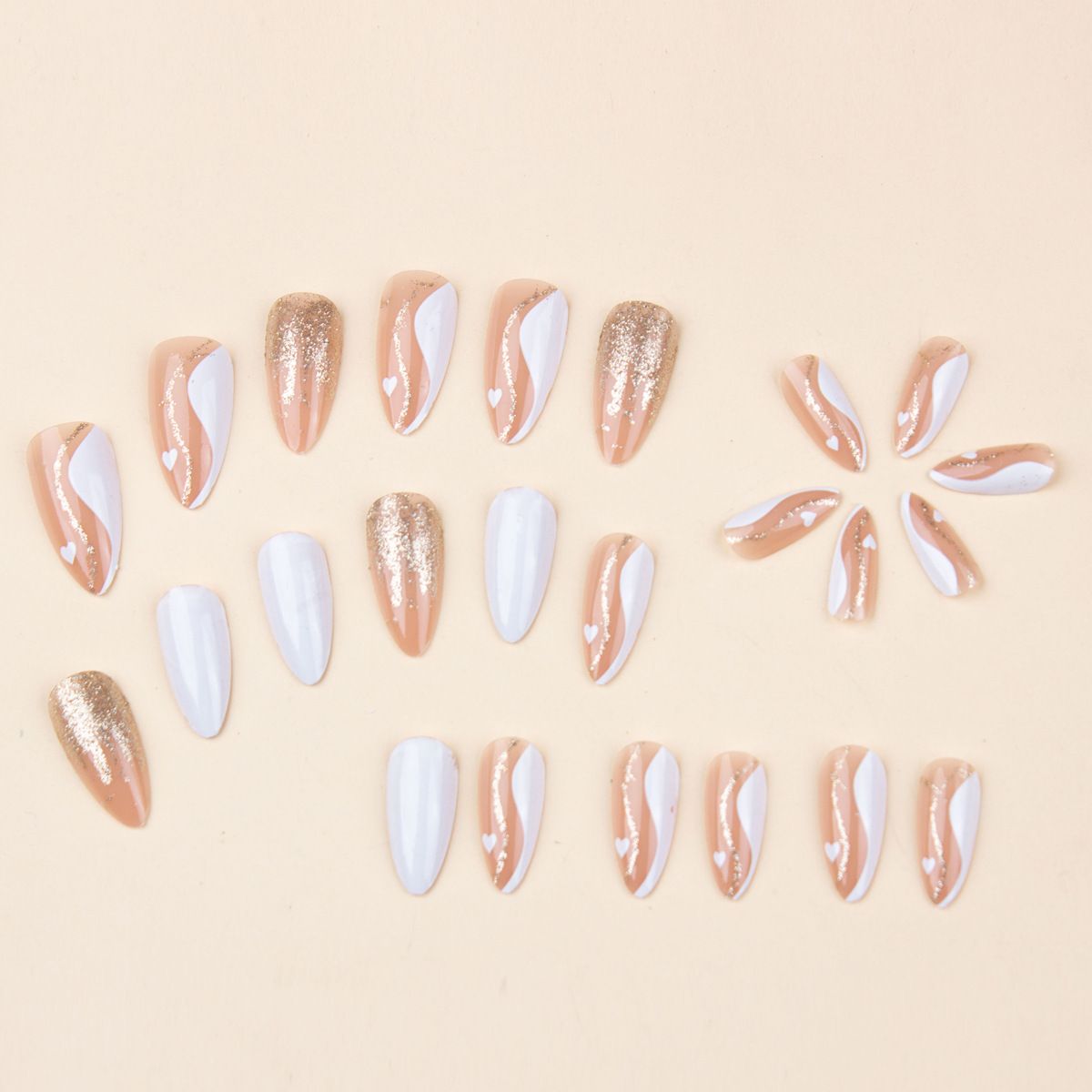 Valentine's Day long almond shaped platinum line nail art French white border wave leopard print gold powder wearing nail art heart-shaped nail art sheet