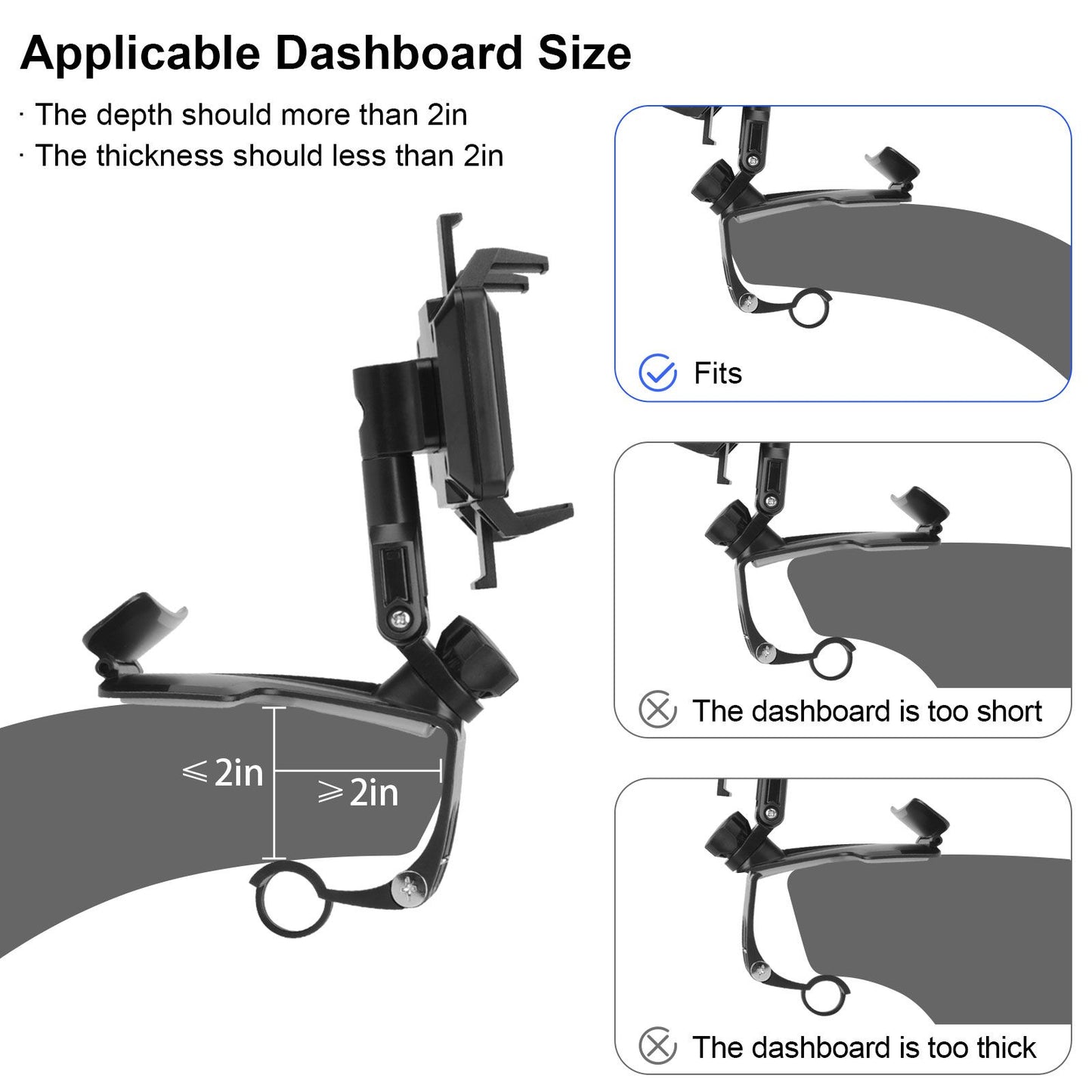 Car Phone Holder, 360 Degree Rotating Dashboard Car Phone Mount with Adjustable Spring Clip for 4-7in Smartphones