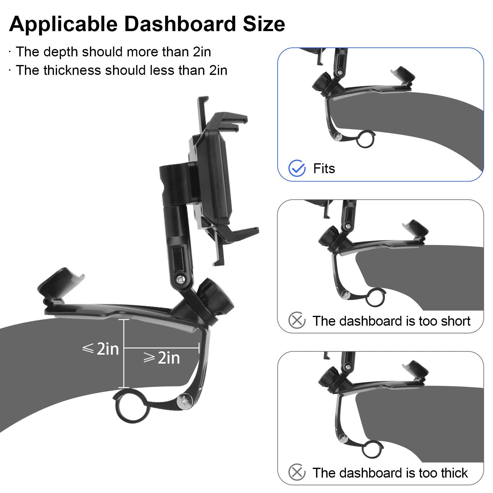 Car Phone Holder, 360 Degree Rotating Dashboard Car Phone Mount with Adjustable Spring Clip for 4-7in Smartphones