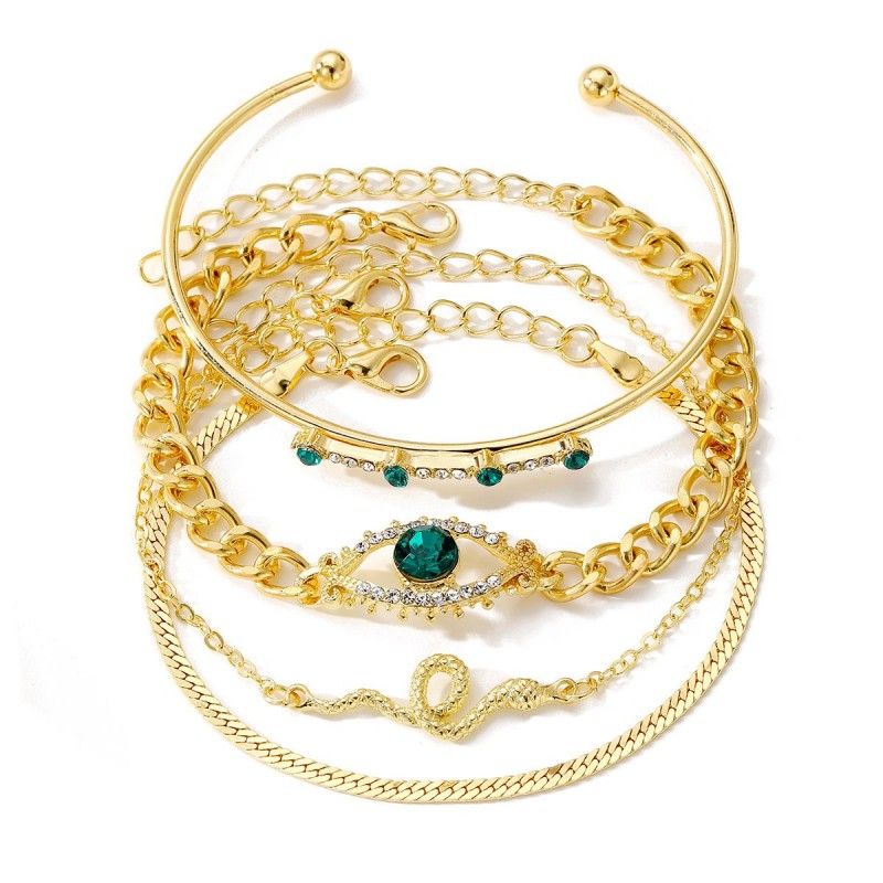 4PCS Bracelets For Women Retro Inlaid With Green Diamonds Bracelet Vintage Chain Link Adjustable Women Jewelry Set Jewelry Gift for Girls