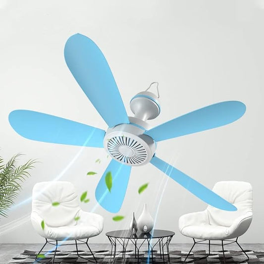 5Blades Quiet Small DC Ceiling Fan Hanging Fan for Camping Cruise RV Tent Gazebo Bed Dormitory Home Room Ceiling Fan Portable Canopy Fan with ON/OFF switch