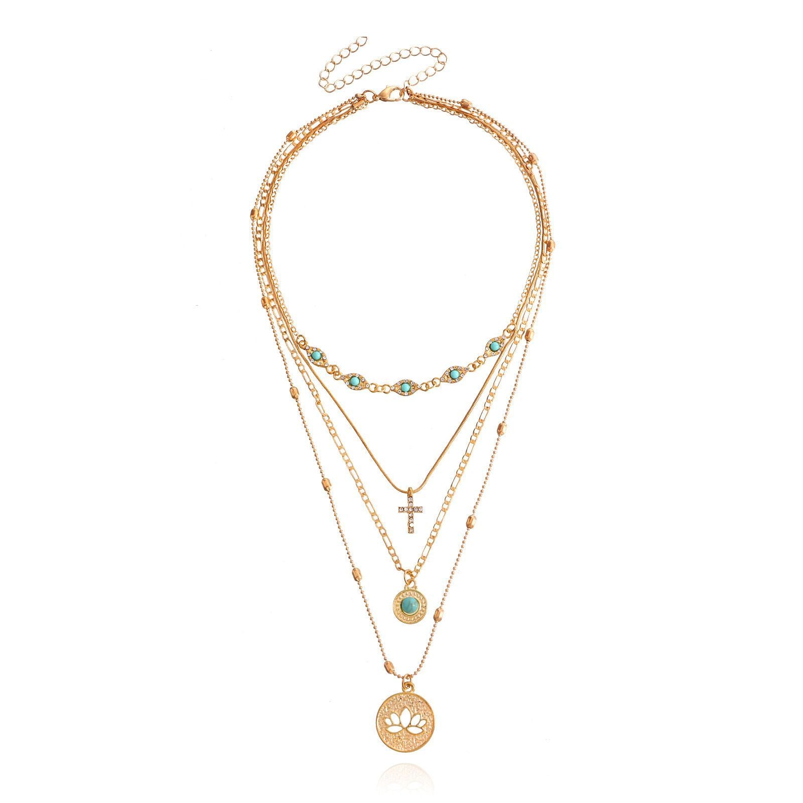 Multi level necklace European and American fashion ins multi-layer small hole chain hollow flower inlaid diamond cross pendant necklace for women