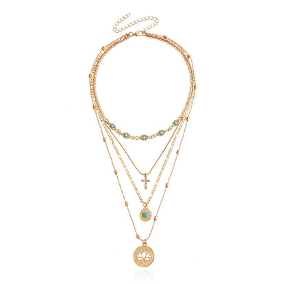 Multi level necklace European and American fashion ins multi-layer small hole chain hollow flower inlaid diamond cross pendant necklace for women