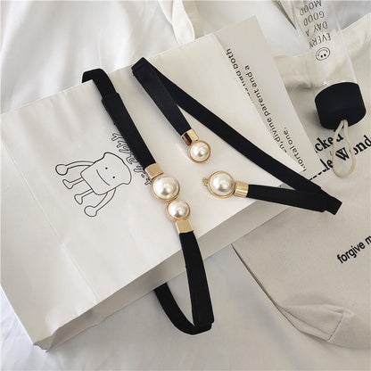 Creative Pearl Buckle Belt PU Leather Dress Skirt Waist Elastic Thin Women Belts High Quality Stretch Cummerbunds Ladies Waistband Women's Fashion Accessories