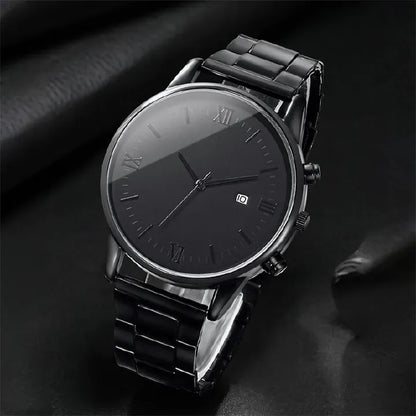 4PCS Men's Watch Set Black Men's Calendar Watch Titanium Steel Rings Bracelet Necklace Black Cross Necklace Set Not Easy to Fade Daily Wear Business Leisure