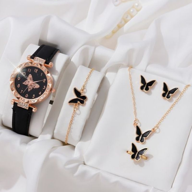 6PCS Women's Watch Earrings Rings Necklace Bracelet Set Ladies' Butterfly Jewelry Set Women's Wristwatch Leather Strap Quartz Watch Ladies' Butterfly Watch Set