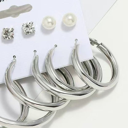 Pearl earrings Stud Metal gold earrings geometric fashion jewelry trendy personality light luxury high sense Oval earrings with diamond female 6 sets