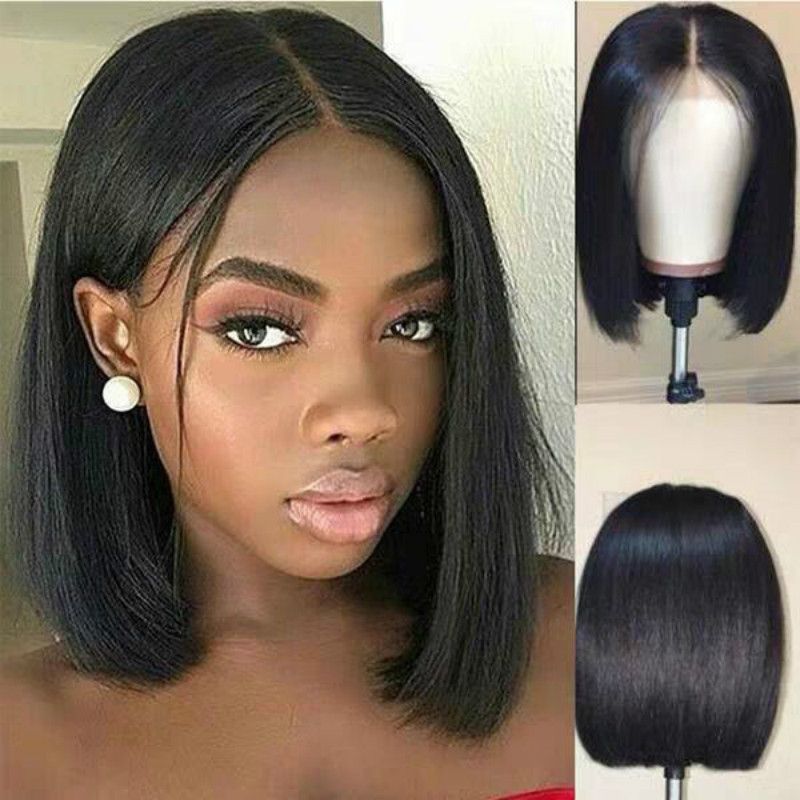 Women Black Middle Parted Short Straight Bobo Hair Wigs Synthetic High Temperature Silk Wigs