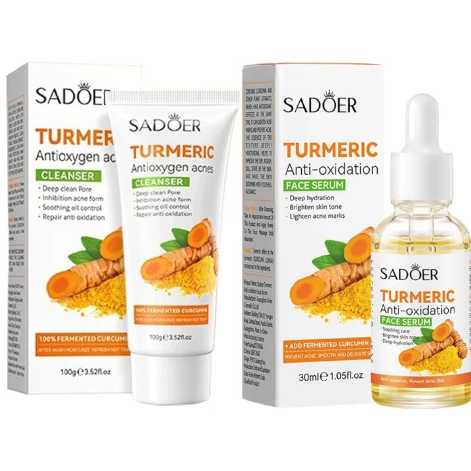 2 in 1 Sadoer Turmeric Serum + Cleanser Anti-Oxidation Face Serum and Turmeric Facial Wash Cleanser for Dark Spots, Turmeric Oil, Turmeric Skin Care Set for Women and Men (Serum Cleanser Set)