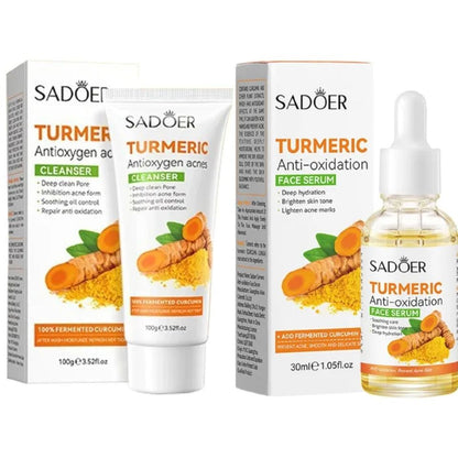 2 in 1 Sadoer Turmeric Serum + Cleanser Anti-Oxidation Face Serum and Turmeric Facial Wash Cleanser for Dark Spots, Turmeric Oil, Turmeric Skin Care Set for Women and Men (Serum Cleanser Set)
