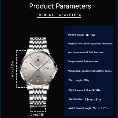 Luxury Men's Watches Dual Calendar Classic Business Quartz Watch for Men Stainless Steel Waterproof Wristwatch