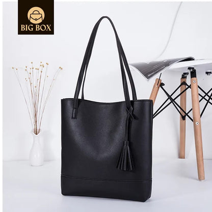 BigBox Women color blocking Handbag Designer Fashionable large capacity tassel design PU leather shoulder tote bag women handbag