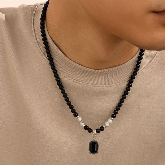 Black Beads with Square Pendant Necklace for Men Trendy Accessories on the Neck Collar 2024 Fashion Jewelry Male Gift Decoration