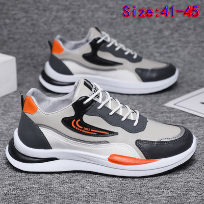Size 41-45 Men's PU artificial leather fashion sneakers outdoor sports shoes students running shoes Boys walking shoes athletic driving shoes grey +orange