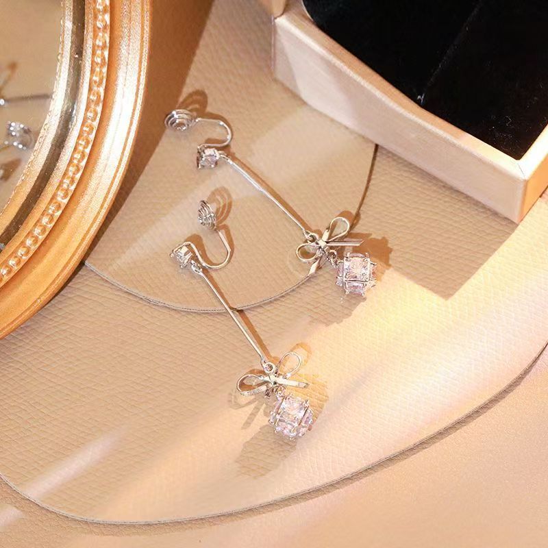 Long bow earrings advanced sense light luxury temperament simple zircon earrings studs fashion personality earrings female summer