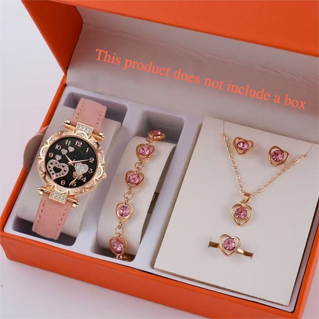 6PCS Ladies Watch Jewelry Set Watch Ring Necklace Earrings Bracelet Set Pink Crystal Waterproof Watch Set Wristwatch Ladies' Love Dial Quartz Watch Can Be Used As Romantic Gift Or Prop Shooting