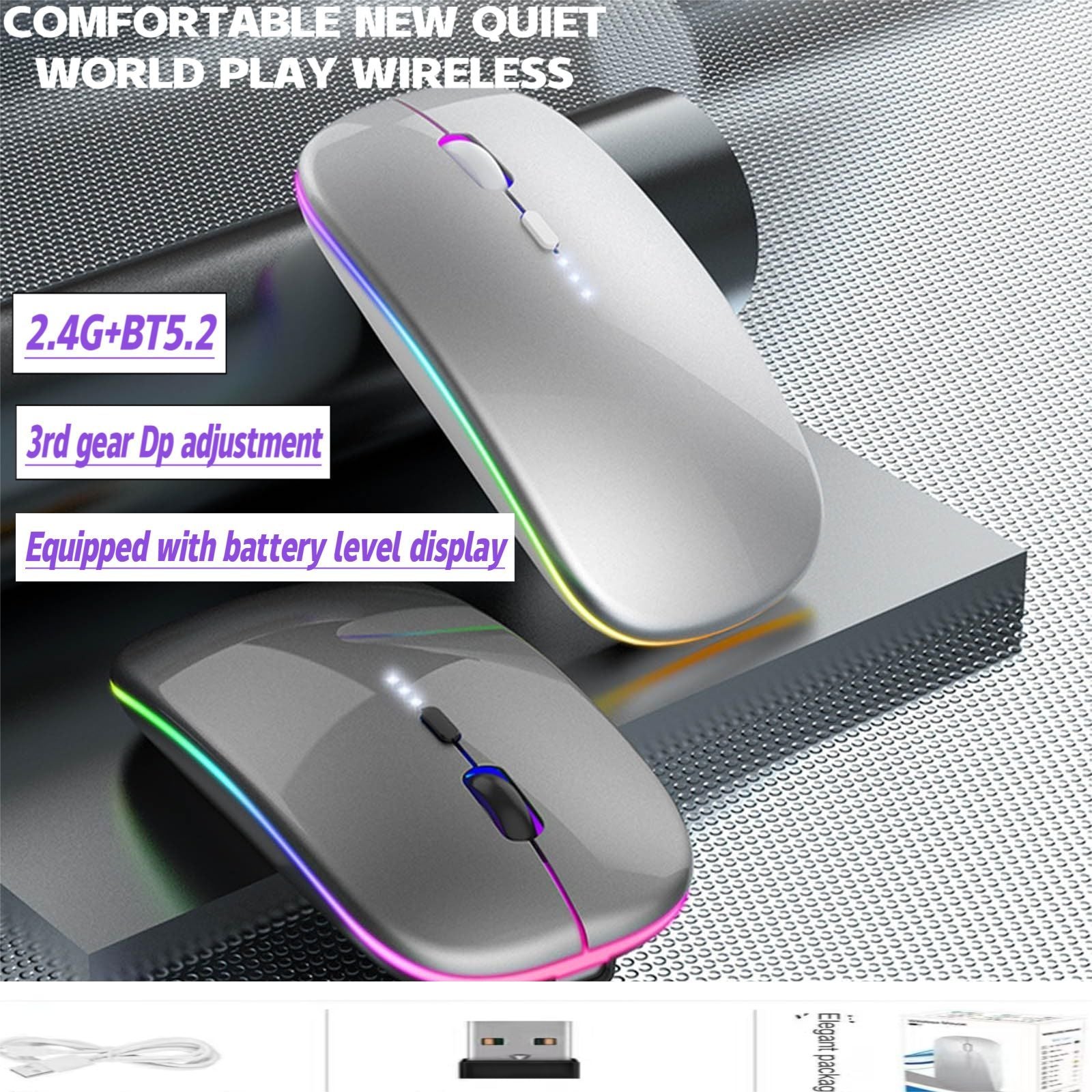 ZHJH Dual-mode gaming mouse with battery display Bluetooth wireless mouse Rechargeable silent luminous mouse suitable for tablets and computers