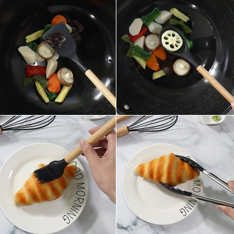 800g 12Pcs Set Wooden Handle Silicone Kitchen Utensils High Quality Silicone Kitchen Utensils Non-stick Pan Cooking Spatula Baking Storage Tool