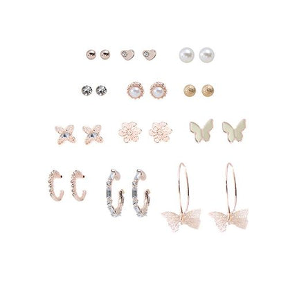 12-Pair Fashion Premium Sense Classic Stud Earrings Set Set Woman Butterfly Peach Heart Set Diamond Earrings Wholesale New Arrival Gift Christmas Black Friday Valentine's Day