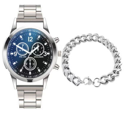 ZHJH Men's Large Dial Watch Metal Bracelet Set Men's Metal Strap Wristwatch Men's Quartz Watch Silver Watch Set