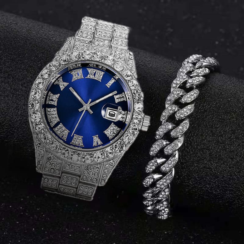 2 PCS/Set Full Iced Out Watch for Men Bling Miami Cuban Chain Bracelet Iced Out Watches Men Hip Hop Watch Luxury Gold Watch Men Women