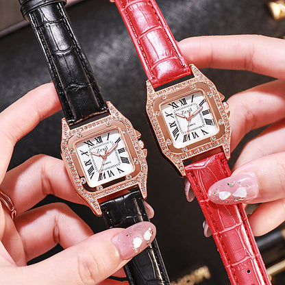 Women Diamond Watch Starry Square Dial Bracelet Watches Set Ladies Leather Band Quartz Wristwatch Female Clock Jewelry Gifts With Rhinestone Valentines Gift Couple Watches