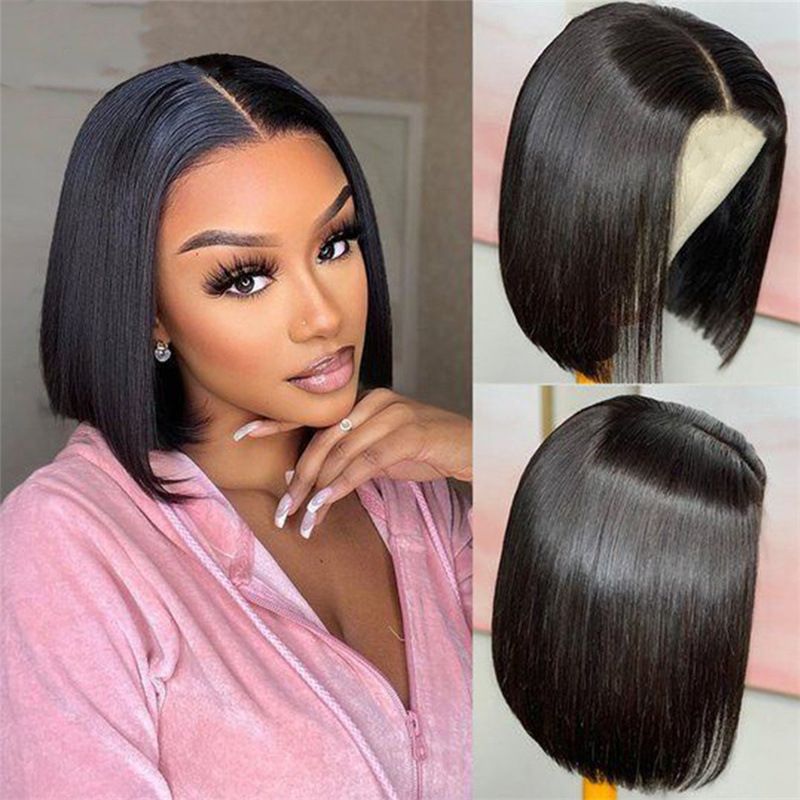 Women Black Middle Parted Short Straight Bobo Hair Wigs Synthetic High Temperature Silk Wigs