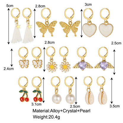 9 pairs of fashion jewelry new alloy inlaid rhinestone earrings set creative butterfly peach cherry pearl earrings Valentine's Day girlfriend gift for women