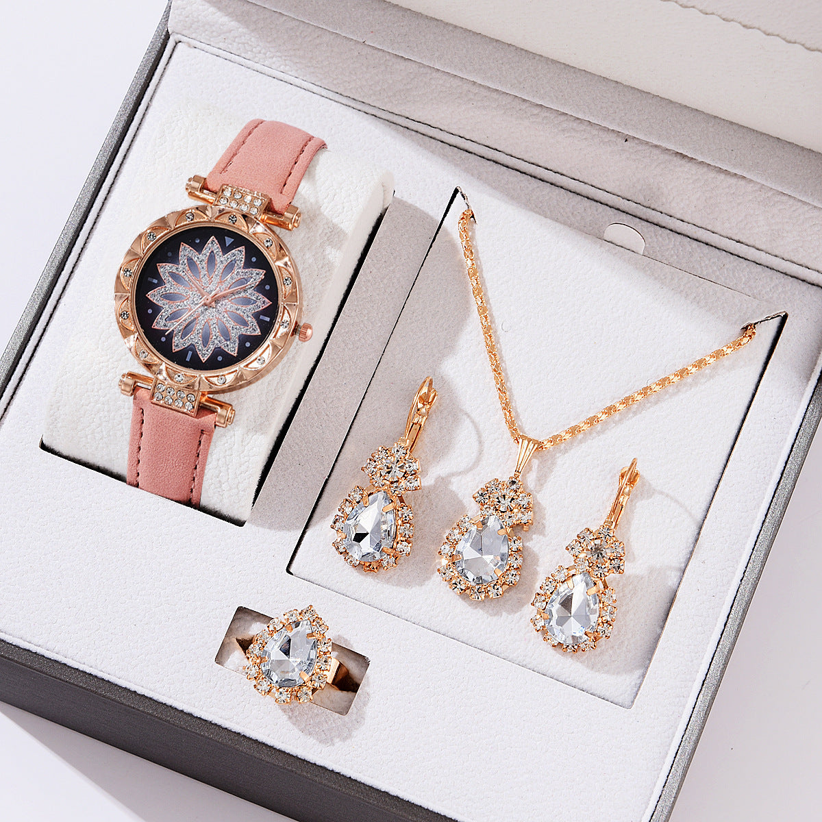 Popular Fashion 5 Set Pink Women Watch Ring Necklace Earrings Bracelet Set Watches Luxury Crystal Butterfly Leather Strap Ladies Quartz WristWatch (With Box)