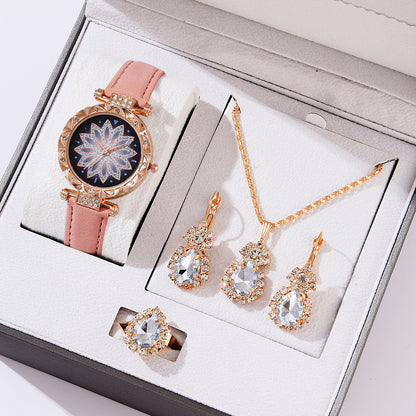 Popular Fashion 5 Set Pink Women Watch Ring Necklace Earrings Bracelet Set Watches Luxury Crystal Butterfly Leather Strap Ladies Quartz WristWatch (With Box)