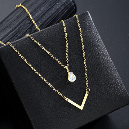 New V-Shaped Water Drop Zircon Necklace 2-Piece Set Creative Simple Geometric Niche Necklace Set Women