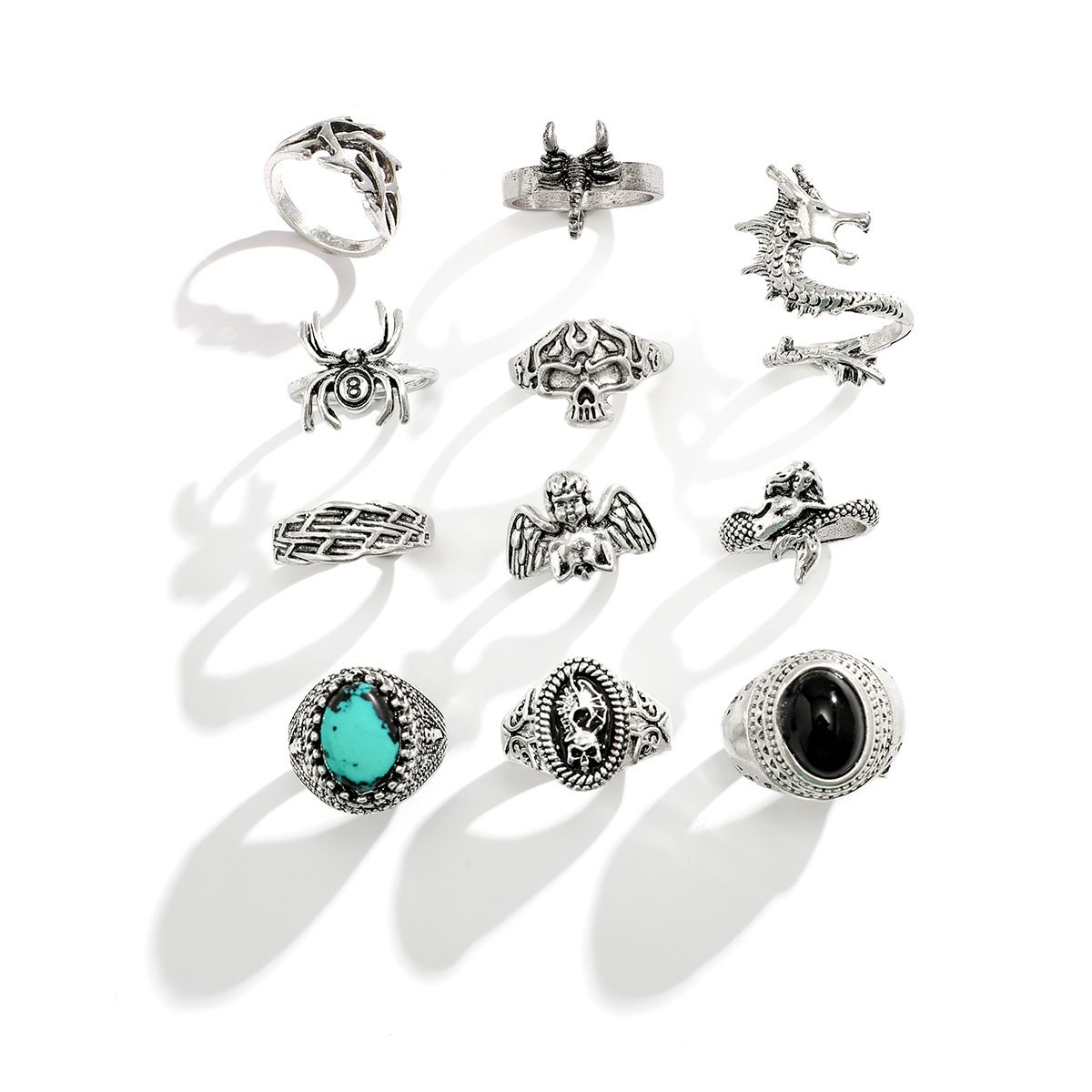 11Pcs Fashion Design Sense Niche Premium Ring Turquoise Men's Ring Set