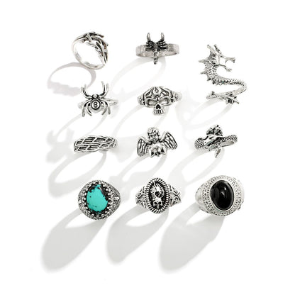 11Pcs Fashion Design Sense Niche Premium Ring Turquoise Men's Ring Set