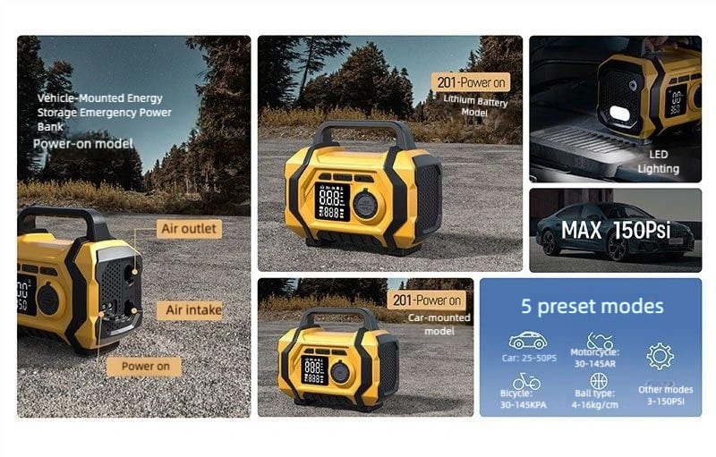 8000mAh Smart Car Jump Starter & High-Pressure Tire Inflator, 3-in-1 Jump Start + Inflation + Power Bank, Wireless Inflation Supported