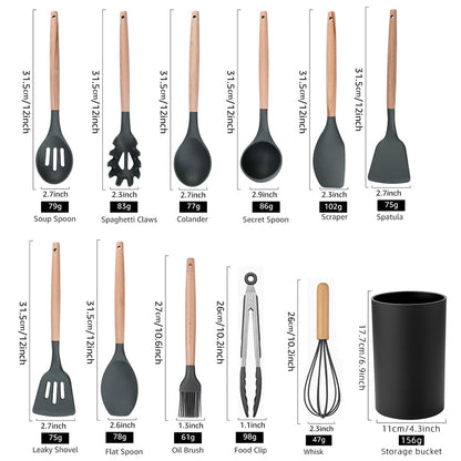 800g 12Pcs Set Wooden Handle Silicone Kitchen Utensils High Quality Silicone Kitchen Utensils Non-stick Pan Cooking Spatula Baking Storage Tool