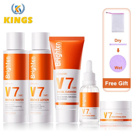 5-Piece V7 Brighten Skin Care Set Facial Cleanser Lotion Essence Water Cream Serum Multi-formula Repair
