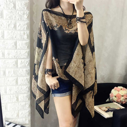 Woman Chiffon Blouse Fashion Women Scarf Shawl Printed Sunscreen Sun Protection Shawl Beach Shawl Soft Loose Bikini Cover Tops