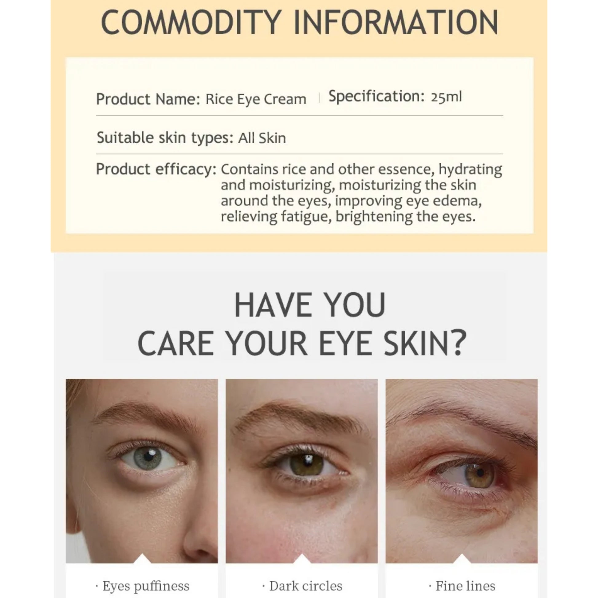 Aichun Beauty Natural Rice Eye Cream - Bags Removal Anti Wrinkle Firming Eye Cream for dark circles and puffiness