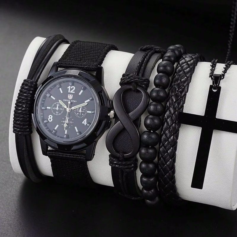 6pcs Set Fashionable Pu Leather 8 Shape Beaded Bracelet With Mechanical Watch Cross Pendant Necklace For Men, Black Colored