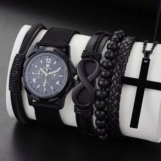 6pcs Set Fashionable Pu Leather 8 Shape Beaded Bracelet With Mechanical Watch Cross Pendant Necklace For Men, Black Colored