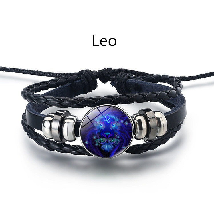 12 Constellation Men's and women's bracelet twelve constellation leather rope blue moonstone bracelet student hipster couple jewelry fashion men's models can be contracted and elongated
