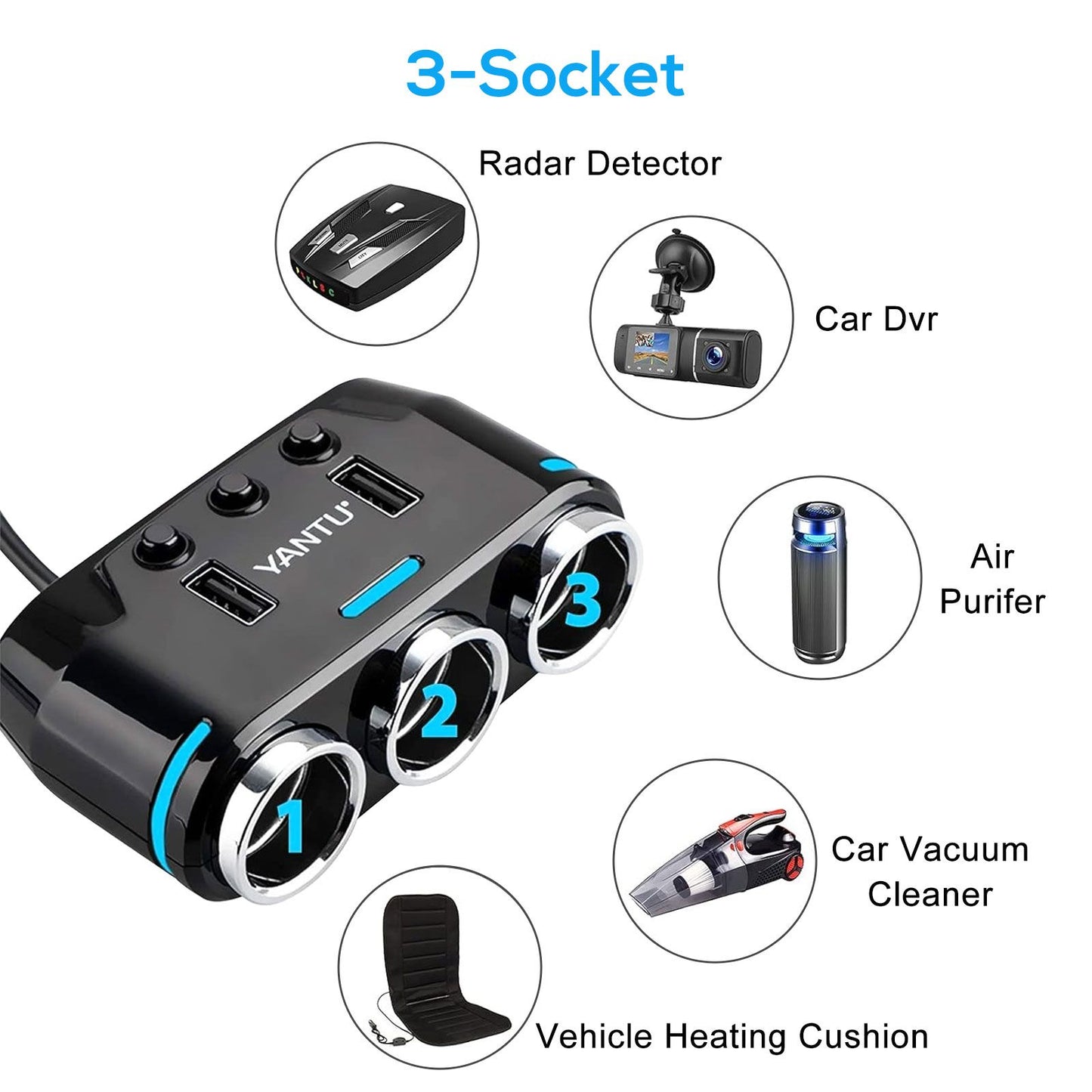 Cigarette Lighter Adapter & Splitter with 150W 3-Sockets & LED Ambient Lighting, Dual USB Fast Charging Car Outlet 12V, Car Cigarette Lighter Socket Plug Extension for Vehicles