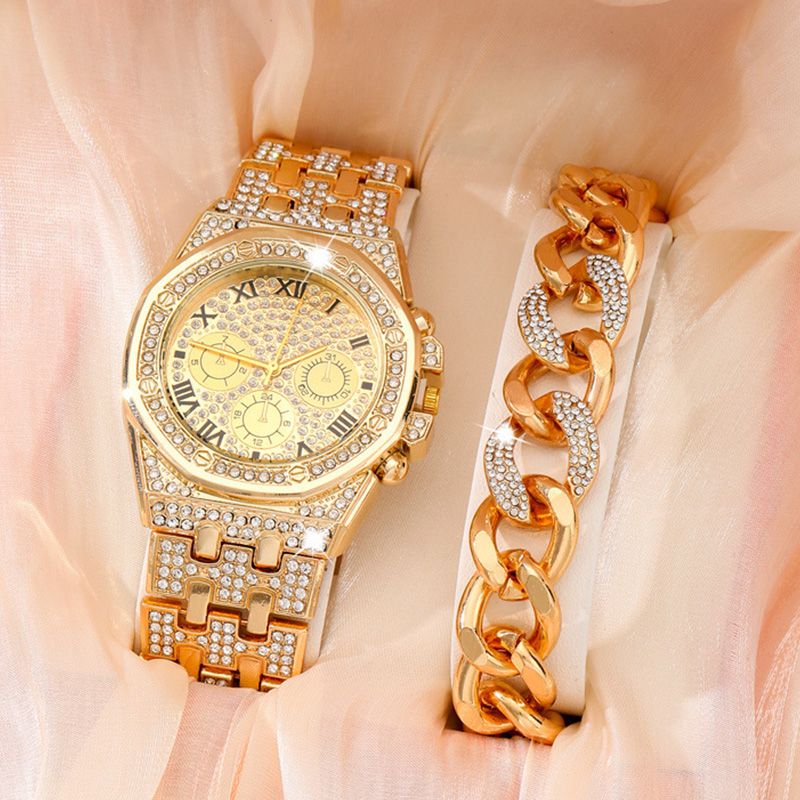 2Pcs Fashion Trend Luxury Luxury Hip Hop Three Eyes Rome Full Of Diamonds British Watch Atmospheric Diamond Bracelet Gift Set